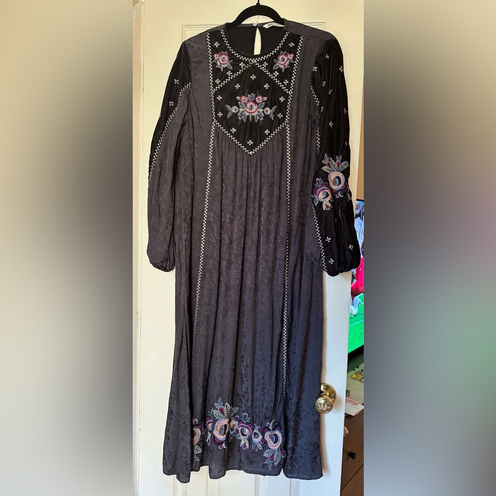 Zara velvet embroidered damask print dress romantic hippie navy purple M L XL